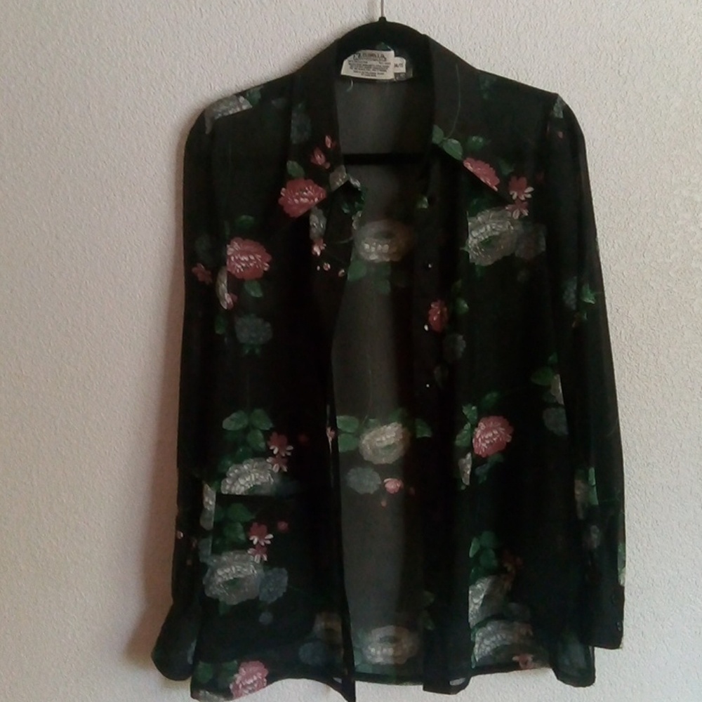 Flower print sheer dress shirt/jacket w pockets